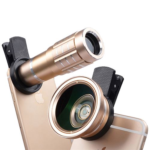 APEXEL Pour Smartphone 0.45X Objectif à grand angle + 12.5X Objectif Macro + 12X Téléobjectif Or