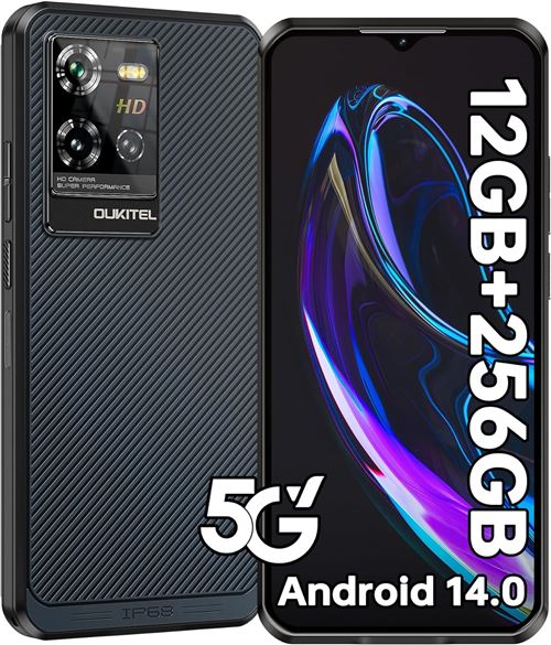 OUKITEL WP50 Telephone Portable 5G - 12Go+256Go/2To Android 14 Smartphone Corps ultrafin 12mm 6500mAh/18W 6.6 HD+ Caméra 48MP Telephone Dua SIM/NFC/Fingerprint/Face ID/GPS-NOIR
