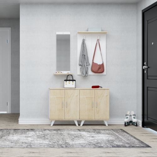 HOMEMANIA Meuble d’Entrée Necef - Meuble Porte-Manteau, Armoire, Étagère à Chaussures - avec Portes, Étagères, Miroir - Chêne, Blanc en Bois, 60 x 17 x 90 cm