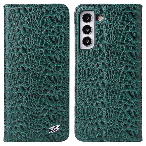 Etui en cuir véritable FIERRE SHANN texture crocodile, magnétique avec support vert pour votre Samsung Galaxy S22 5G