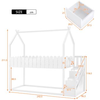 Sweiko - Lit d'enfant Lit superposé avec marche d'angle barre anti-chute  Lit enfant avec fenêtre Cadre en pin blanc 200x90 cm - Lit bébé - Rue du  Commerce