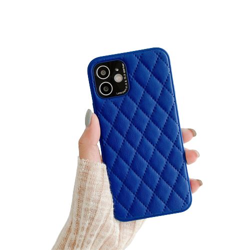 Coque en cuir souple à carreaux losanges de luxe FONGWAN pour iPhone 13 Pro Max-bleu