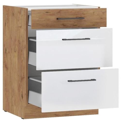 Rock Blanc Meuble Bas Casserolier - Mélaminé Chêne Lancelot Et Brillant - 60 Cm - 3 Tiroirs - Plan De Travail Non Inclus - Image 3