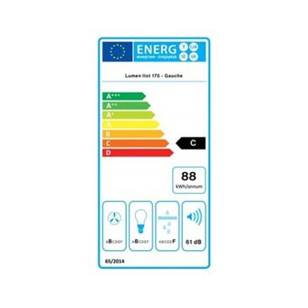 Hotte Ilot FALMEC LUMEN2734, 175cm, Commandes Electroniques retro-eclairees, Finition Inox Brosse, moteur 4 vitesses, Debit d''air boost = 670m3/h, Puissance acoustique max = 61dB. Eclairage LED. Classe energetique : C