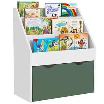 Bibliothèque étagère multi-rangement enfant - 3 étagères, grand tiroir - MDF blanc vert - 1