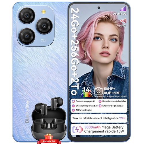 Blackview Shark 9 Smartphone Débloqué 5G Téléphone Portable Android 6.67 24Go+256Go 5000mAh 50MP NFC Bleu avec Blackview Airbuds 20