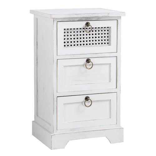 Table de chevet IRMA petite commode de nuit avec 3 tiroirs, en bois paulownia blanc style shabby chic vintage boh&ecirc;me d&eacute;co en rotin 