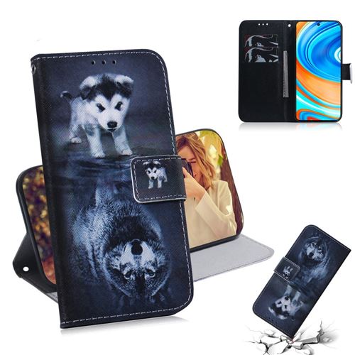Etui en PU couverture d'impression de modèle avec support chien loup pour votre Xiaomi Redmi Note 9 Pro