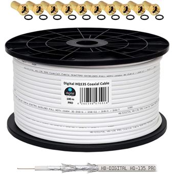 Cavo Coassiale SAT 130dB HQ-135 Pro 10m Con 4 Connettori F Placcati Oro – Per DVB-S/S2, DVB-C, DVB-T E Full HD 4K