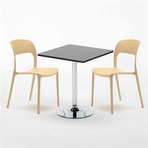 Table Carrée Noire 70x70cm Avec 2 Chaises Colorées Set Intérieur Bar Café Restaurant Mojito, Couleur: Beige