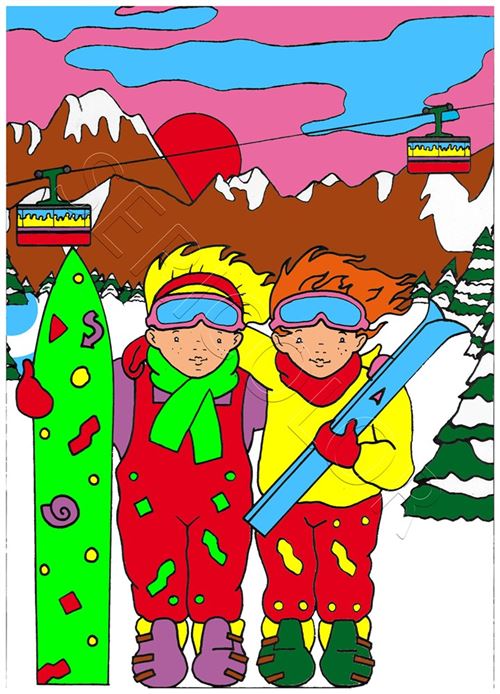Tableau à colorier des enfants au ski
