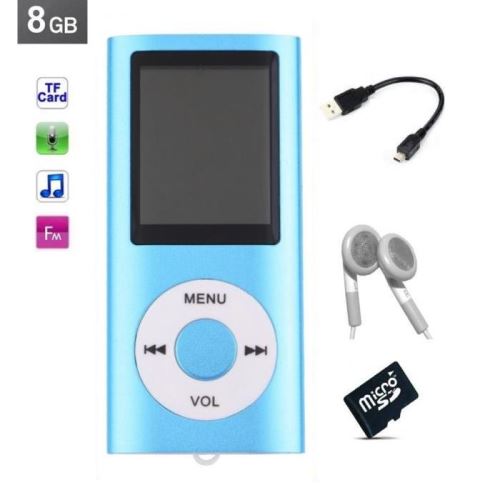Lecteur MP3 MP4 - radio fm - à carte mémoire Micro sd - Bleu + carte 8 Go
