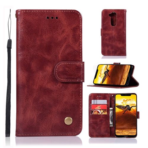 Etui en PU flip vintage premium rouge vin pour votre Nokia 7.1 Plus/X7