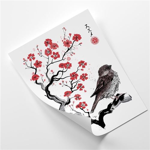Feeby Affiche moderne Poster décoration murale Image, Moineau sur ceriser japonais 40x60 cm