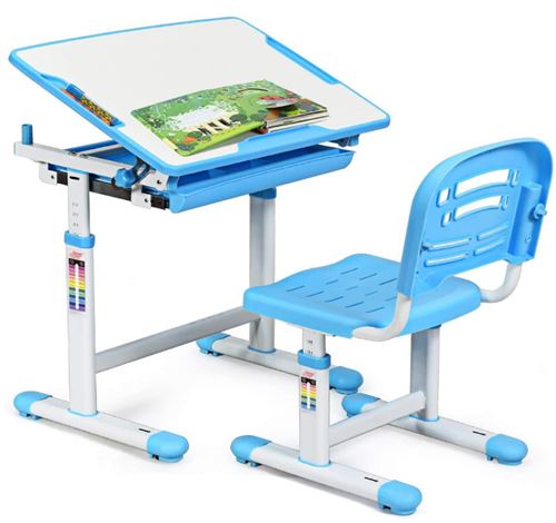 giantex Bureau Enfant Ensemble Table et Chaise pour Enfants Table à Dessin Ergonomique avec Tiroir Hauteur Ajustable Bleu