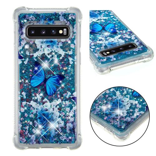 Coque en TPU paillettes dynamiques en forme de coeur à papillon bleu pour votre Samsung Galaxy S10