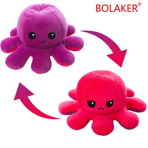 Peluche douce pieuvre réversible BOLAKER® 20cm, Violet et rouge