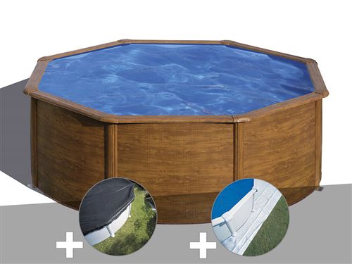 Kit piscine acier aspect bois Gré Pacific ronde 3,70 x 1,22 m + Bâche d'hivernage + Tapis de sol