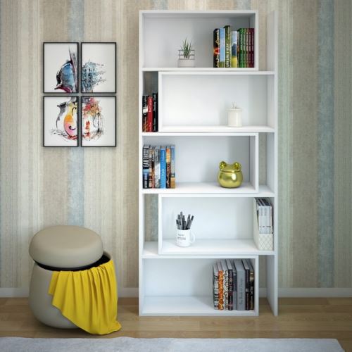 HOMEMANIA Bibliothèque Samba - Extensible - avec étagère - pour mur, bureau, salon - Blanc en Bois, 140 x 22 x 180 cm