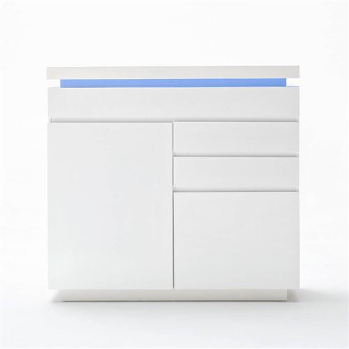 Buffet haut OCEAN laqué blanc brillant 2 portes 3 tiroirs LED inclus