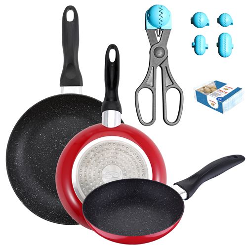 Pack de 3 casseroles couverts16cm20cm24cm + ustensile multi-utilisations avec 4 moules interchangeables + 20 plateaux de conservation