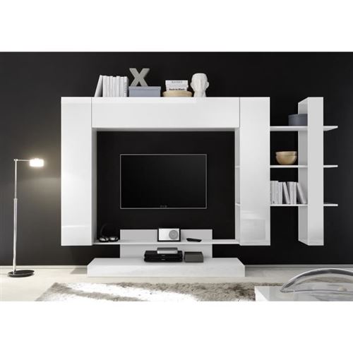 Meuble TV Mural 2 portes - Laque Noir et Blanc - L 259 x P 42 x H 175 cm - NAPOLI