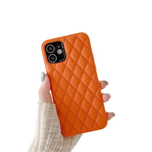 Coque en cuir souple à carreaux losanges de luxe FONGWAN pour iPhone 13-Orange