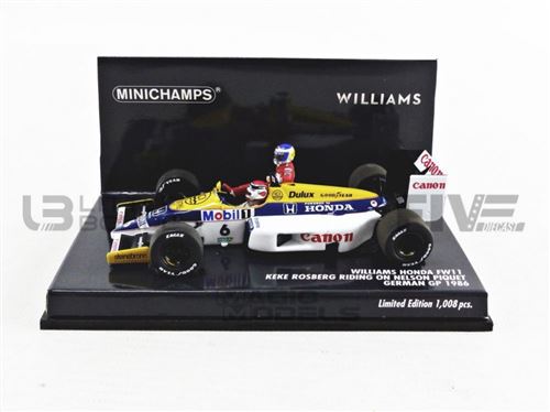 Voiture Miniature de Collection MINICHAMPS 1-43 - WILLIAMS Honda FW11 - Allemagne GP Taxi Rosberg 1986 - Blue / Yellow / White - 410860106