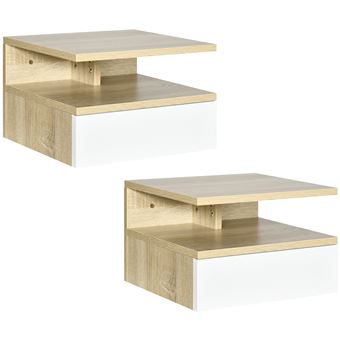Lot de 2 tables de chevet murales - lot de 2 tables de nuit - tiroir coulissant, niche et plateau - aspect chêne clair blanc - 1