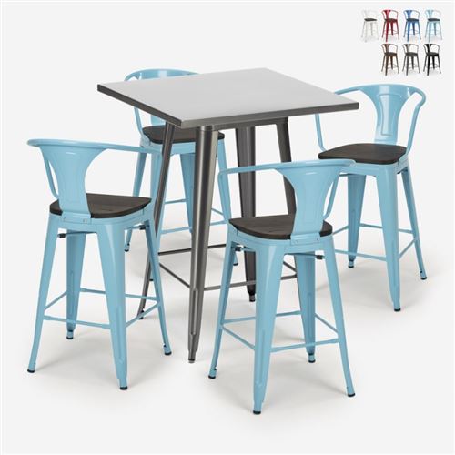 Ensemble Table Haute 60x60cm 4 Tabourets Tolix Industriel Bois Métal Bucket Wood, Couleur: Turquoise