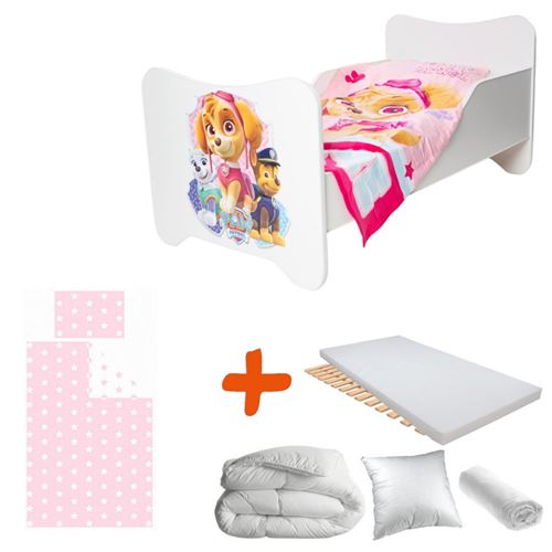 Pack 8en1 Lit Junior fille Pat patrouille Matelas + Oreiller + Couette + Taie+ Housse de couette +Drap housse