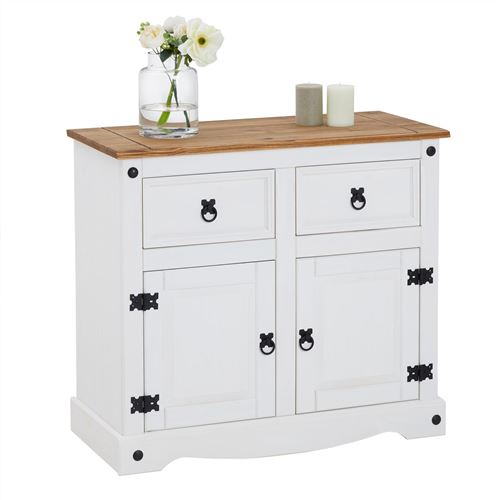 Buffet CAMPO avec 2 tiroirs et 2 portes, style mexicain en pin massif blanc et brun