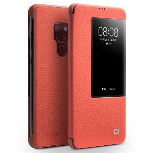 Etui en cuir véritable vue litchi orange pour votre Huawei Mate 20