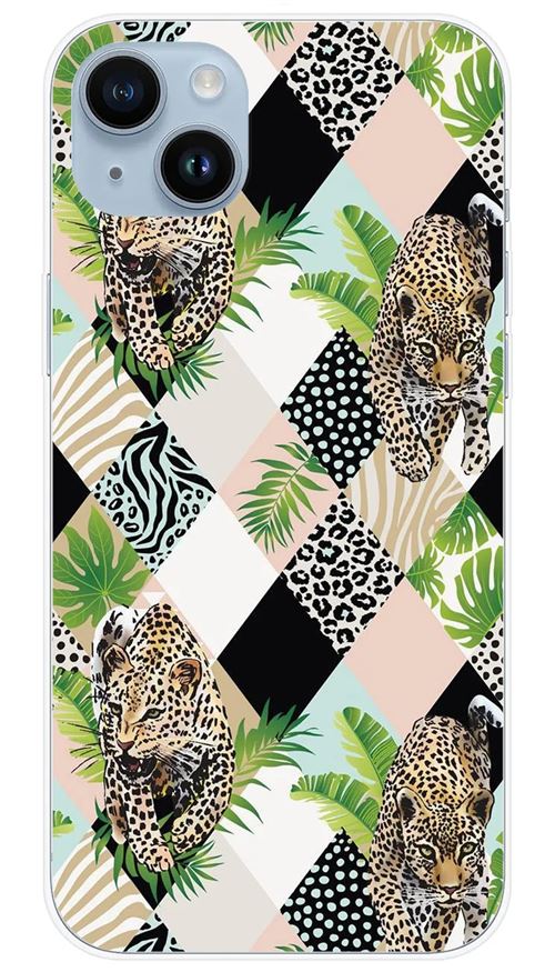 Coque en silicone imprimée compatible Apple iPhone 15 Plus Léopard losange