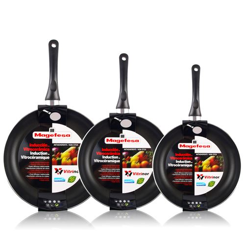 Lot de 3 poêles 18-20-24 cm induction aluminium estampé antiadhésif sans PFOA Magefesa VITRAL Noir
