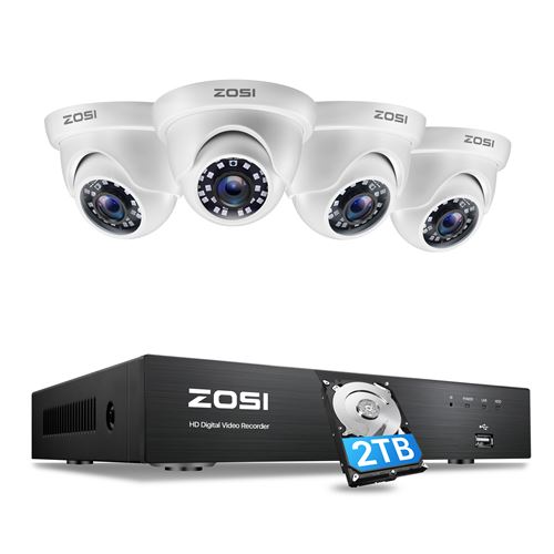 ZOSI 4K / 8MP Caméra de Surveillance avec 8CH 4K H.265+ Compression Vidéo DVR Enregistreur, Disque Dur de 2 to, Vision Nocturne de 20 Mètres, Alerte par Email, App Gratuite
