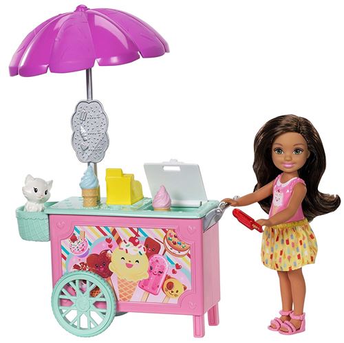 Barbie Famille Mini-poupée Brune Chelsea et Son Chariot à Glaces avec Figurine de Chat et Petits Accessoires, Jouet pour Enfant, FDB33