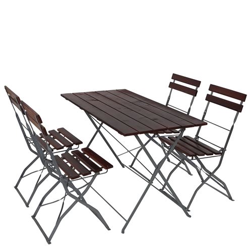 Salon de jardin/brasserie 1 table 4 chaises Berlin, pliable, bois huilé, 120x60x70cm ~ brun foncé