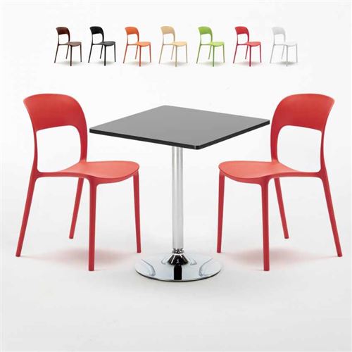 Table Carrée Noire 70x70cm Avec 2 Chaises Colorées Set Intérieur Bar Café Restaurant Mojito, Couleur: Rouge