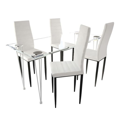 Lot de 4 chaises blanches aux lignes fines avec une table en verre