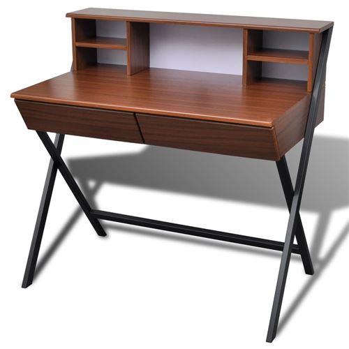 vidaXL Bureau houten blad en stalen onderstel met 2 lades bruin