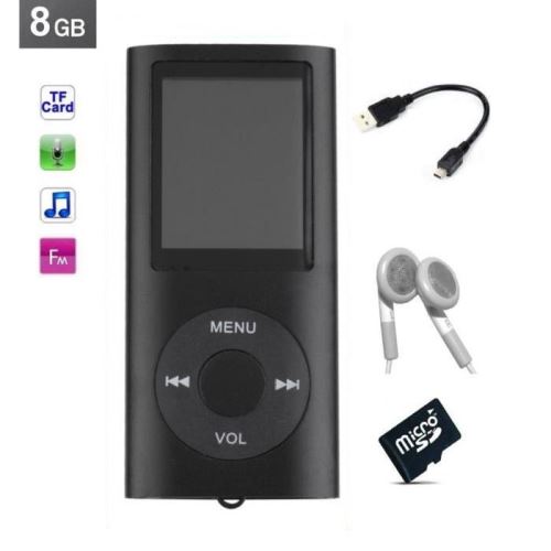 Lecteur MP3 MP4 - radio fm - à carte mémoire Micro sd - Noir + carte 8 Go