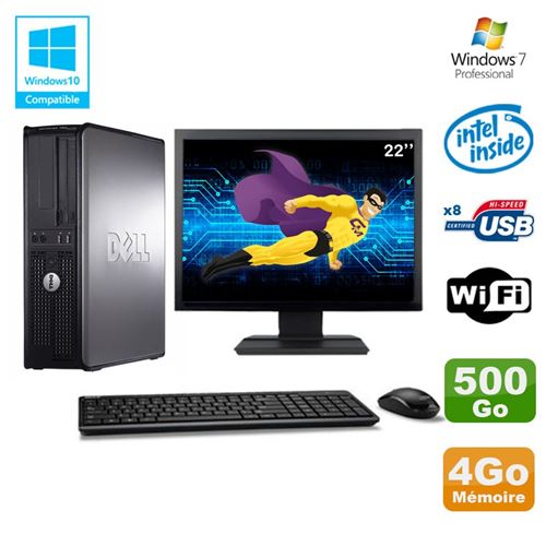 PC Dell Optiplex 780 Dt Intel E5200 2,5Ghz 4Go 500Go WiFi Win 7 Ecran 22'