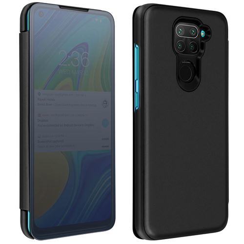 Avizar Housse Xiaomi Redmi Note 9 Clapet Translucide Design Miroir Support Vidéo noir