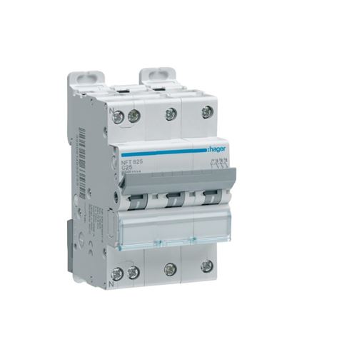 Disjoncteur modulaire Hager NFT825 3P+N 25A courbe C 10kA, 3 modules, protection électrique pour tableau - Image 3