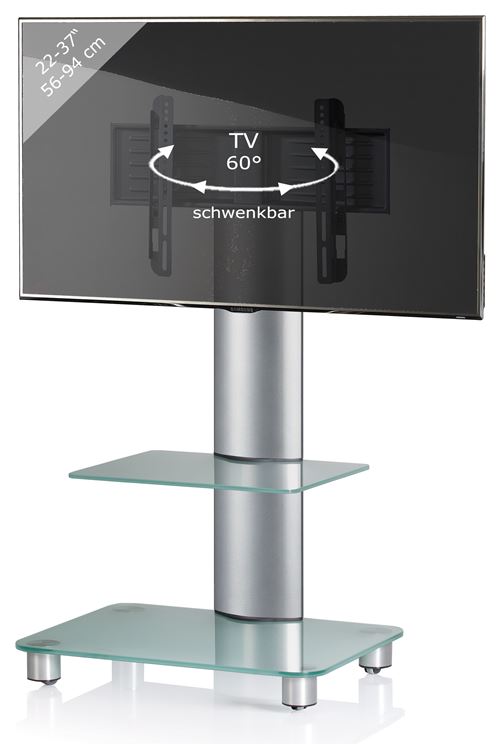 VCM Support TV, Stand Bilano avec Étagère en verre givré, Roulettes Incluses