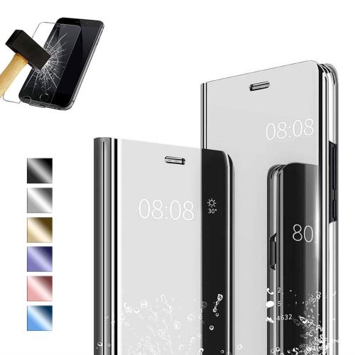 Coque Etui Housse Compatible pour Le Xiaomi Redmi Note 7 Miroir Stand Cover-Argent + Film Verre Trempé pour Une Protection Intégrale