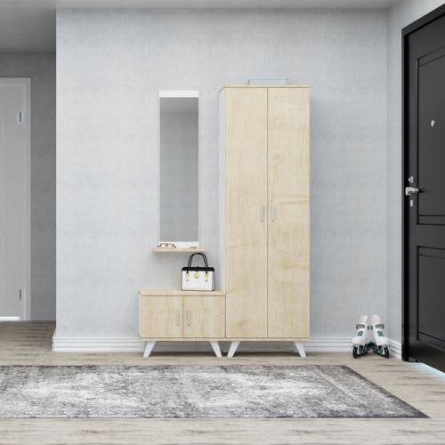 HOMEMANIA Meuble d’Entrée Seylan - Meuble Porte-Manteau, Armoire, Étagère à Chaussures - avec Portes, Étagères, Miroir - Chêne, Blanc en Bois, 60 x 35 x 194 cm