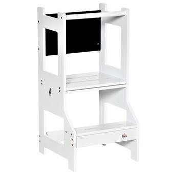 Tour d'apprentissage tableau à craie tabouret bureau 3 en 1 - marches antidérapantes, barreau, hauts rebords de sécurité - MDF blanc noir - 1
