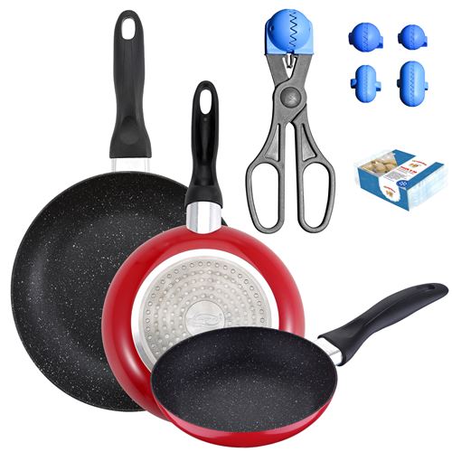 Pack de 3 casseroles couverts16cm20cm24cm + ustensile multi-utilisations avec 4 moules interchangeables + 20 plateaux de conservation